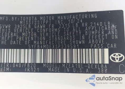 2025 Toyota Corolla Le из США, поврежденный, VIN 5YFB4MDEXSP239591